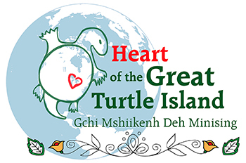 A line drawing of a turtle's body covers North America. Its heart is centered over the straits of Mackinac.