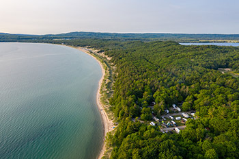 bird's-eye view of lakehshore and campground