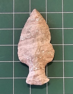 A marbled white and tan Native American projectile point, over 3,000 years old, on a green and white grid. It is loosely shaped like a pine tree.