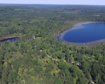 Aerial view of a lake and forested landscape