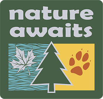 Nature Awaits logo with leaf, tree and print