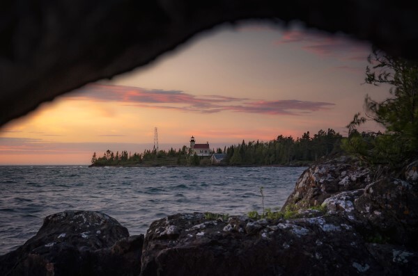 Fort Wilkins lighthouse at sunset. 
