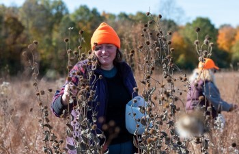 A person wearing a blaze orange hat and a bright smile collects seeds from native plants in a state park.