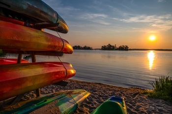 A livery of kayaks waits on the edge of a lake, ready for their next passenger.