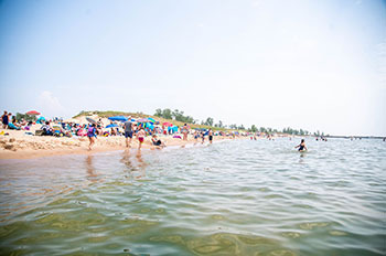 crowd of swimmers and sunbathers along Great Lakes shoreline