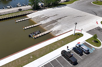 bird's-eye view of new parking lot, new launch and water