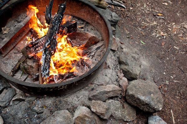 A closeup of a campfire in a proper ring. 