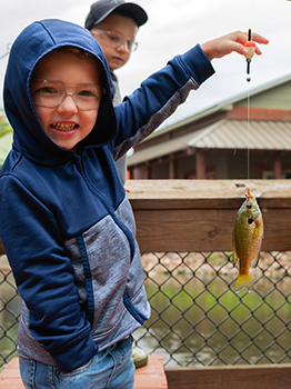 A young boy holds up a bluegill he caught at the DNR's Pocket Park.