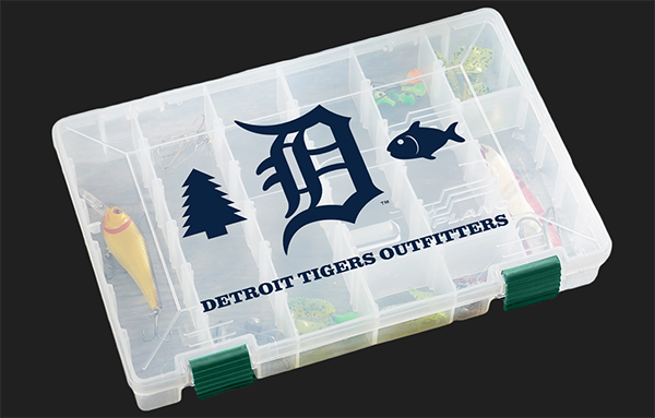 A tackle box embellished with the Detroit Tigers logo to advertise the Detroit Tigers Hunting and Fishing Night