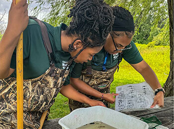 two interns in fishing overalls looking a water sample and reference material