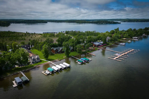 Drone photograph of a highly developed shoreline on an inland lake