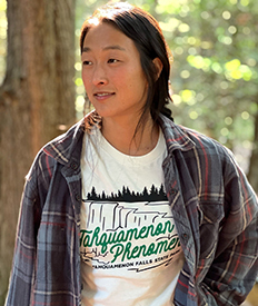 camper wearing Tahquamenon Falls State Park T-shirt