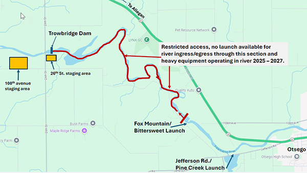 Complex map showing access to the Kalamazoo River during the Trowbridge Dam boat launch closure. For assistance call 517-284-9453.