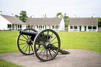 view of historic buildings and canon