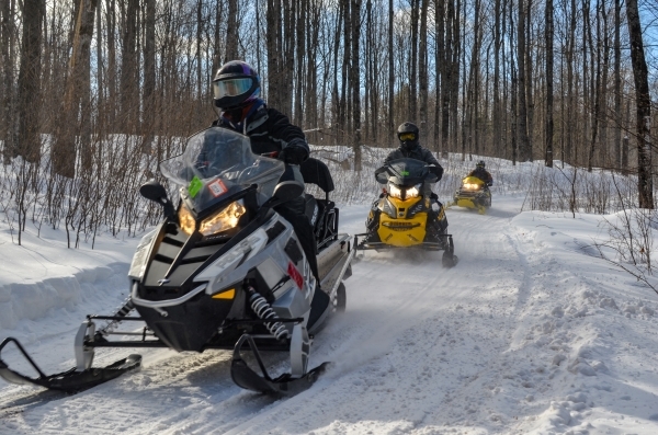 Three snowmobiles on groomed trail through woods