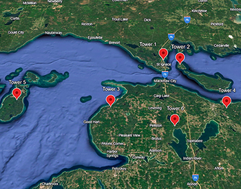 A map shows the locations of Motus antennas in the Mackinac Straits area.