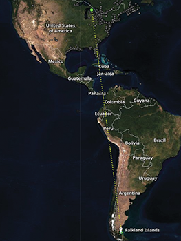 A map shows the travel of a rufa red knot from the eastern Upper Peninsula to the tip of South America.