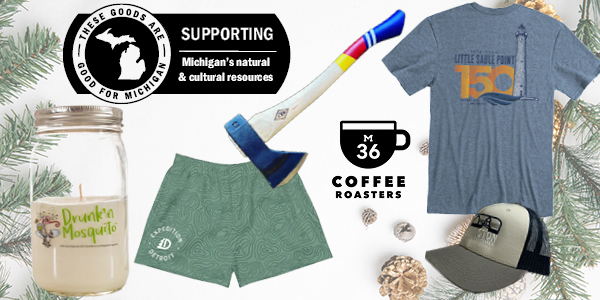 Collage of an axe, M36 logo, shorts, T-shirt, candle and coffee with These Goods are Good for Michigan logo