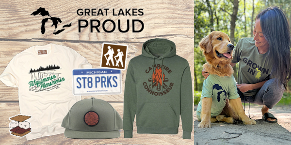 Collage of T-shirt, sweatshirt, hat, stickers, model with dog with Great Lakes Proud logo