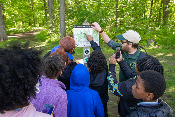 Students at a pathway at Maybury State Park