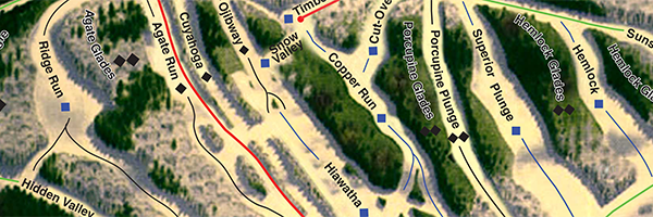 small section of ski map with labeled runs