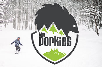 Porkies ski logo with snowboarder on ski run