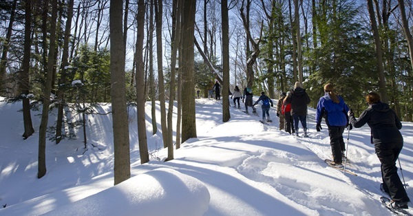 people in winter gear and snowshoes move single-file down a snowy path in the woods of Hoffmaster State Park. Sunlight streams through the trees
