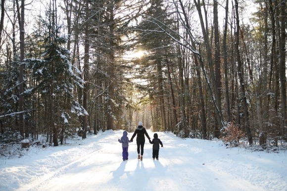 Woman and two children walk down snowy wooded trail on a sunny winter's day at Proud Lake Recreation Area.