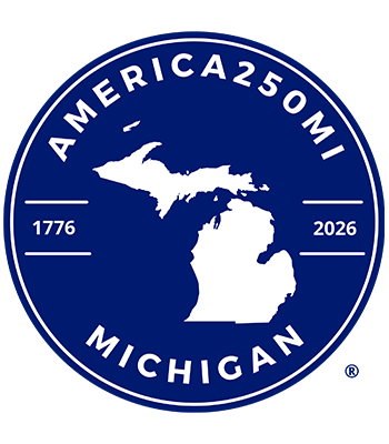 America250MI logo, a blue circle that reads 1776-2026, America250MI, Michigan with an outline of Michigan in the middle.