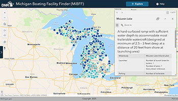 screenshot of map with locations, and boating access site information window