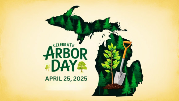 Arbor Day 2025 announcement with the outline of Michigan filled with planting tools