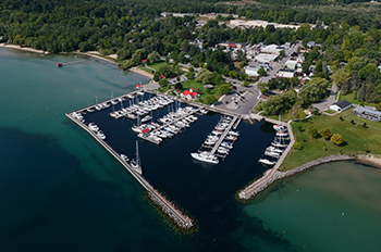 bird's-eye view of harbor with boats
