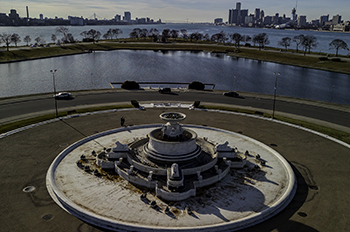 bird's-eye view of fountain and plaza without water