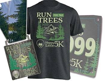 the green, tan and gray 2025 Happy Little 5K, Run for the Trees T-shirt, finisher's medal and racing bib