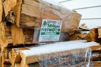 Bundles of certified heat-treated firewood outside of a convenience store.