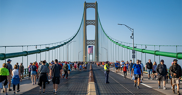 people walking across the Mackinac Bridge without vehicle traffic