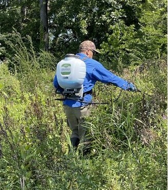 A man wearing a backpack sprayer sprays grass in a field.