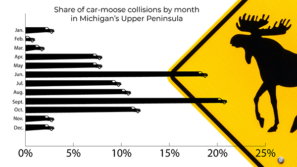 A moose-vehicle crash graph shows months and crash frequency percentages from the Upper Peninsula.