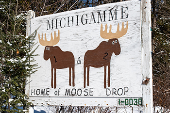 A sign along U.S. Highway 41 in Michigamme touts the village as the site of two moose relocation efforts from the mid-1980s.