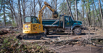 Crews work to cleanup ice-storm damage at Otsego State Park.