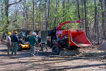 Crews work to cleanup ice-storm damage at Otsego State Park.