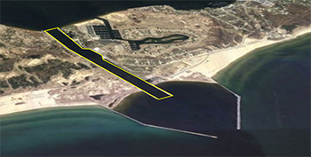 Aerial view of the port of Muskegon; the yellow boxed area indicates the area in which the new regulations are in effect.