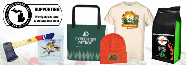 These Goods are Good for Michigan logo with merchandise examples, such as an axe, Bob Ross-inspired T-shirt, coffee and more