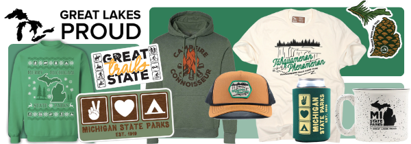 Great Lakes Proud logo with merchandise samples, including a sweatshirt, stickers, ball cap, mug, etc.