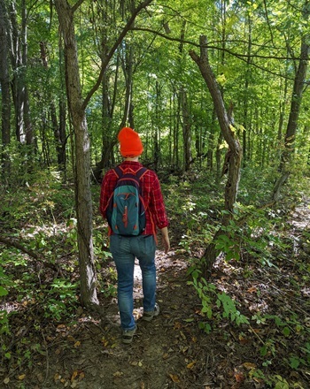 Hiker wearing jeans, red flannel, a backpack and a hunter-orange knit cap walks through a lush, green Michigan forest