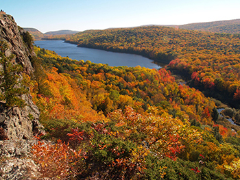 A sunny, autumn view of Lake of the Clouds is shown at the Porcupine Mountains.