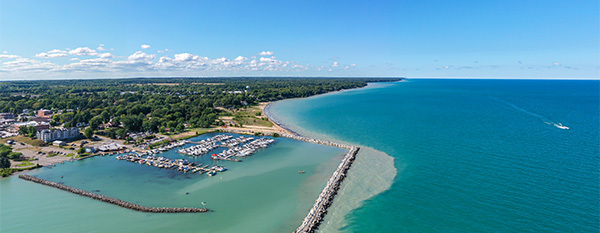 bird's-eye view of harbor, land and water