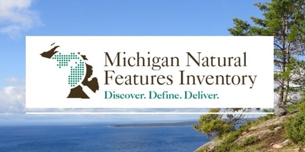 screen capture of Michigan Natural Features Inventory website, includes picture of rocky overlook, trees, brush and a huge lake