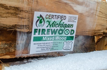 a wood bundle wrapped in plastic with a white label identifying it as certified Michigan firewood, sitting in a snowy area