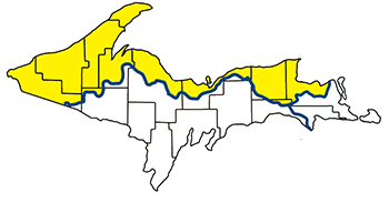 Map of the Upper Peninsula with the Lake Superior Basin indicated.
